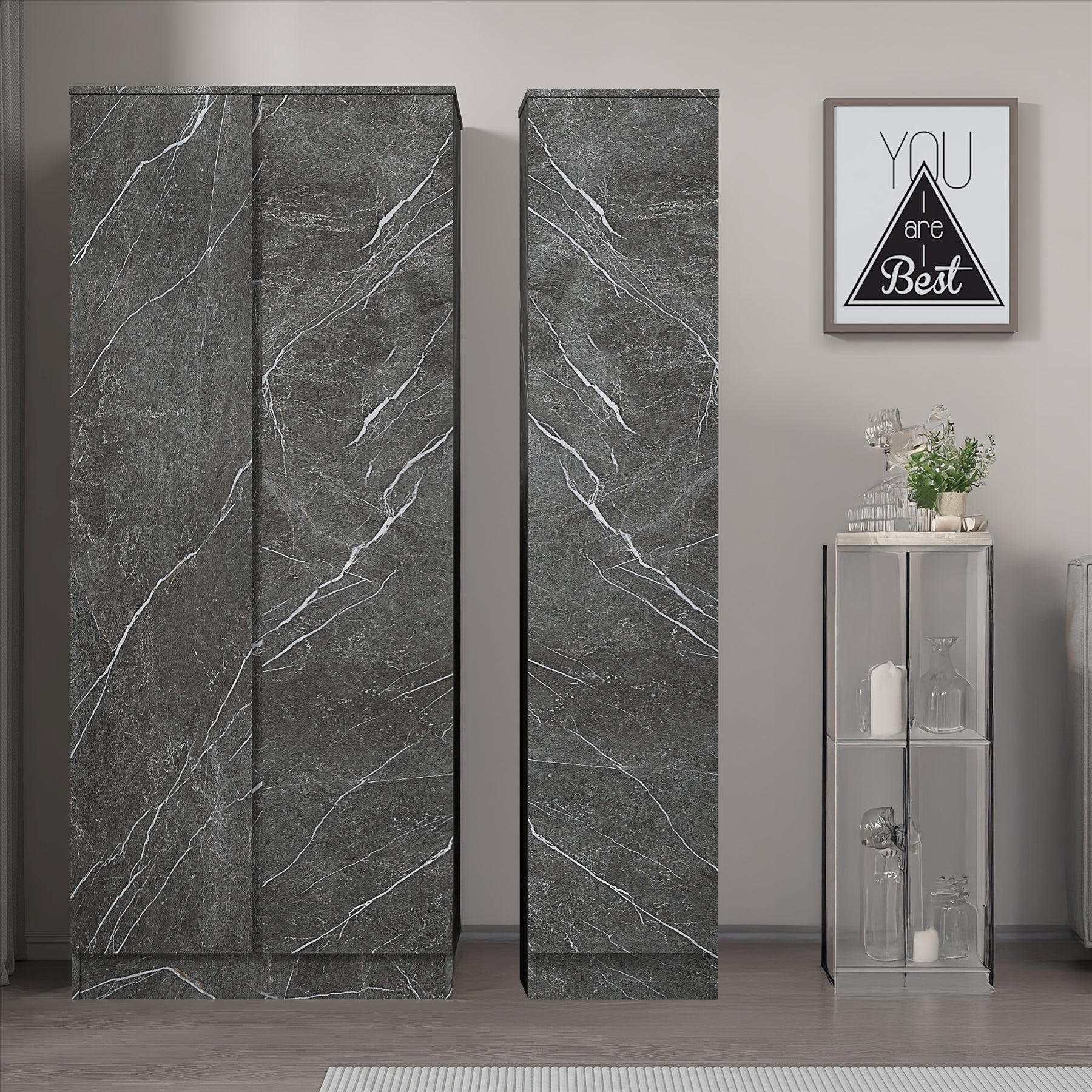 ZITA Grey Marble Effect 2 Piece Wardrobe Set - 2 Door and 1 Door, Spacious Bedroom Storage Solutions