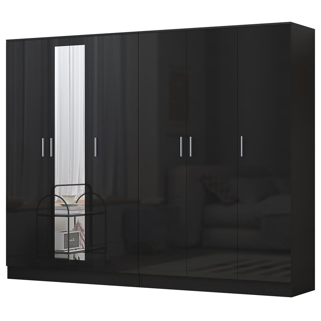 REFLECT - 3 Door MIRROR + 3 Door PLAIN Wardrobe - Gloss Black / Matt Black