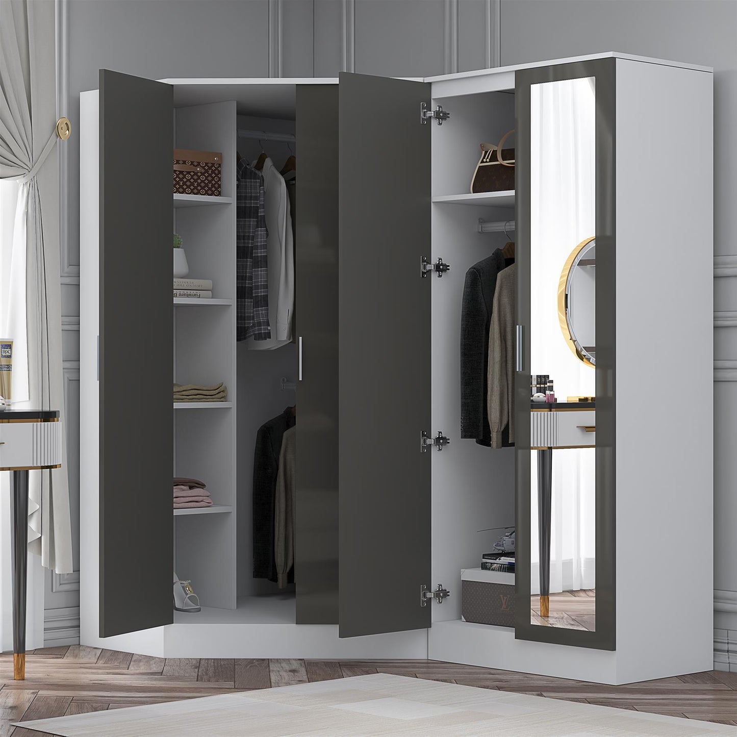 Reflect 2pc Wardrobe Bundle - 2 Door Corner + 2 Door Mirror - Grey Gloss & Matt White