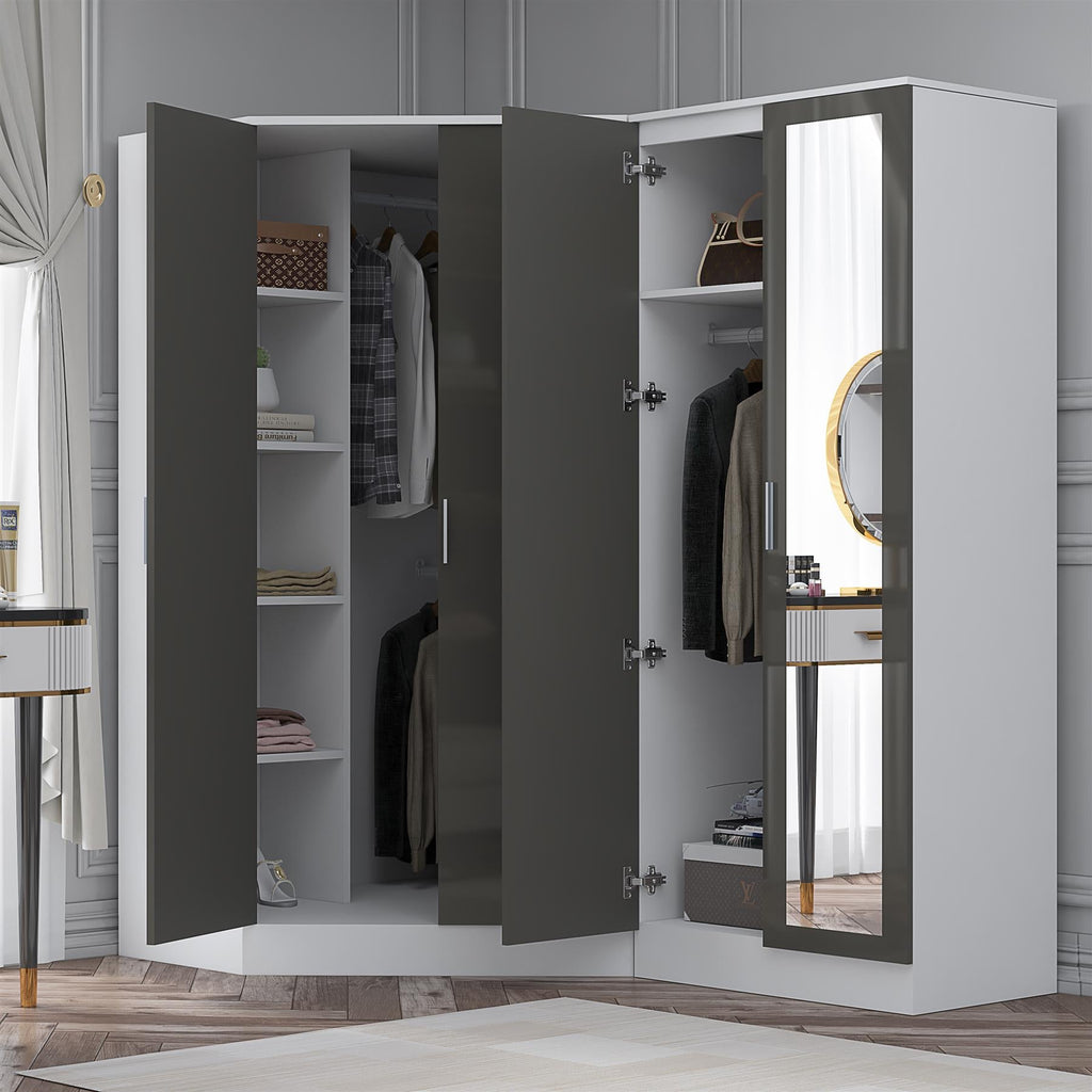 Reflect 2pc Wardrobe Bundle - 2 Door Corner + 2 Door Mirror - Grey Gloss & Matt White - H: 180cm x W: 179cm x D: 103cm