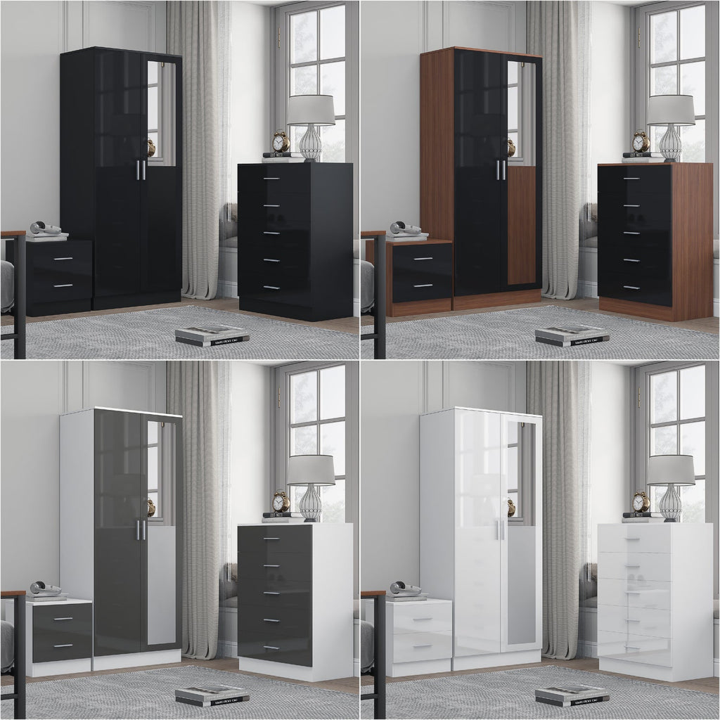 REFLECT Gloss 3pc Set - 2 Door Mirrored Wardrobe + 5 Draw Chest + Bedside