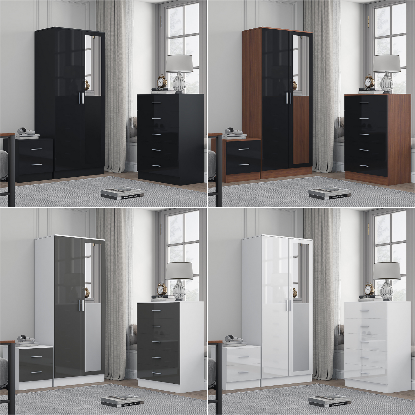 REFLECT Gloss 3pc Set - 2 Door Mirrored Wardrobe + 5 Draw Chest + Bedside