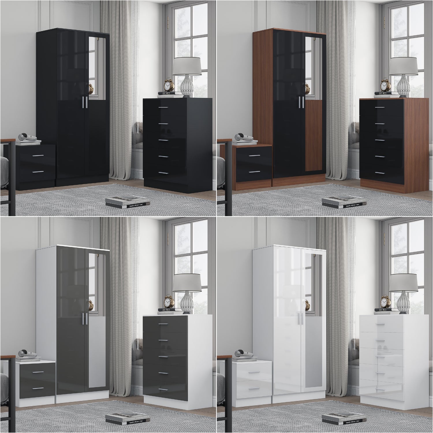 REFLECT Gloss 3pc Set - 2 Door Mirrored Wardrobe + 5 Draw Chest + Bedside