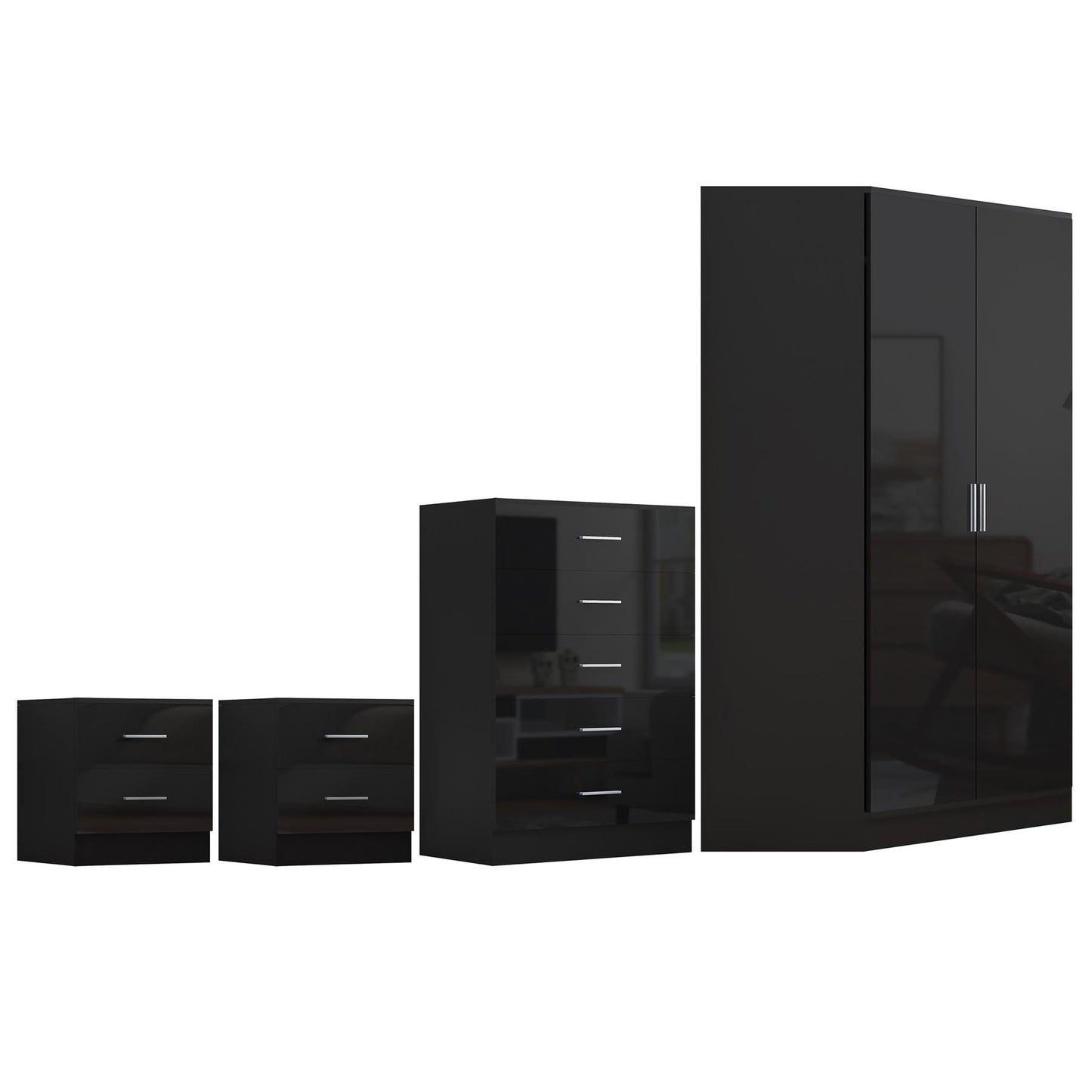 Reflect 2 Door Corner Wardrobe, 5 Drawer Chest, 2x 2 Drawer Bedsides - Black Gloss & Black Oak - Bedroom Furniture Set