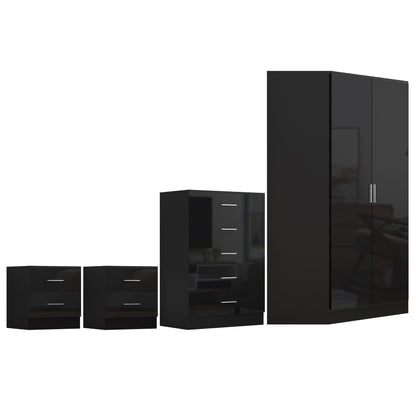 Reflect 2 Door Corner Wardrobe, 5 Drawer Chest, 2x 2 Drawer Bedsides - Black Gloss & Black Oak - Bedroom Furniture Set