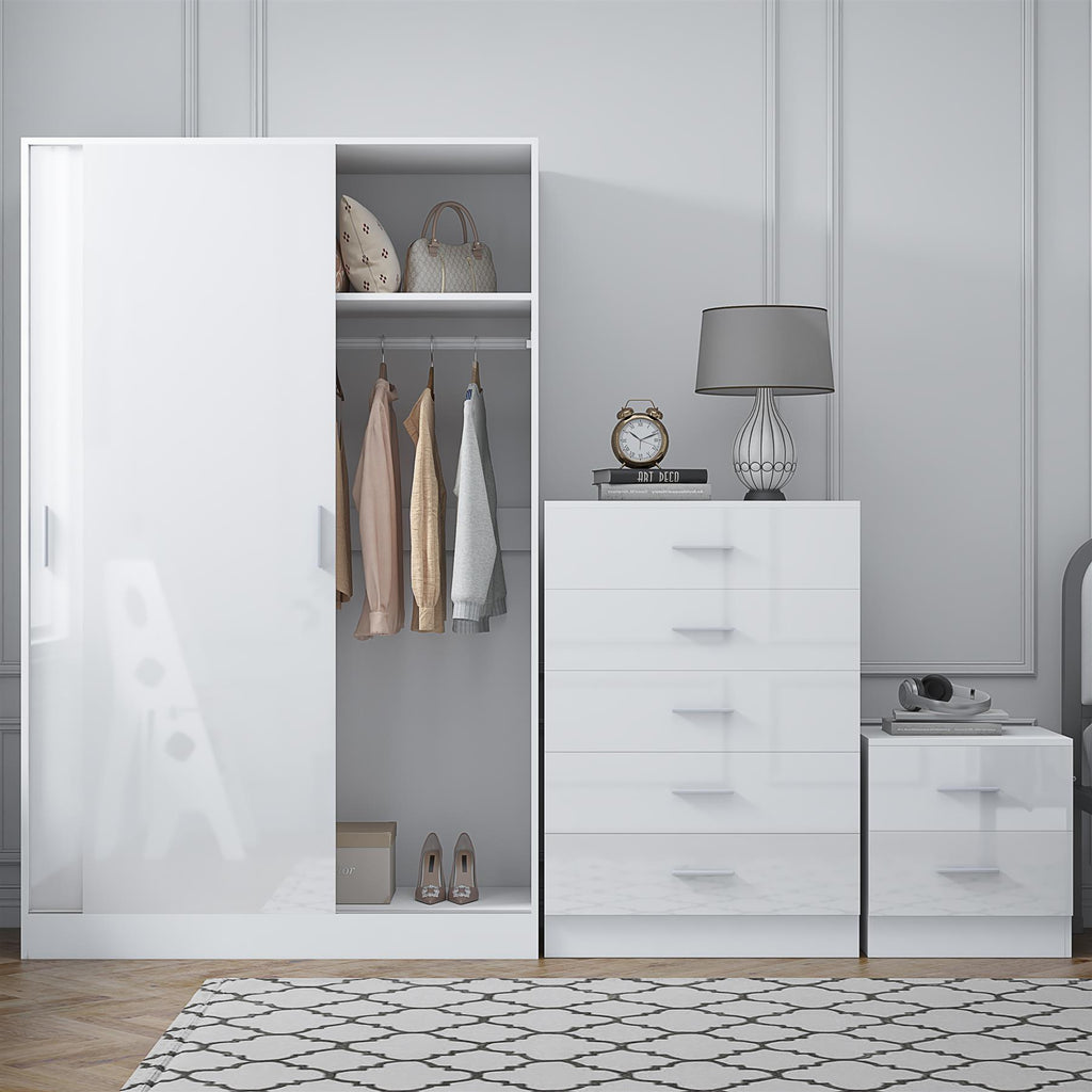 Reflect 2 Door Sliding Wardrobe, 5 Drawer Chest, 2 Drawer Bedside - White Gloss & Matt White - Modern Bedroom Furniture Set