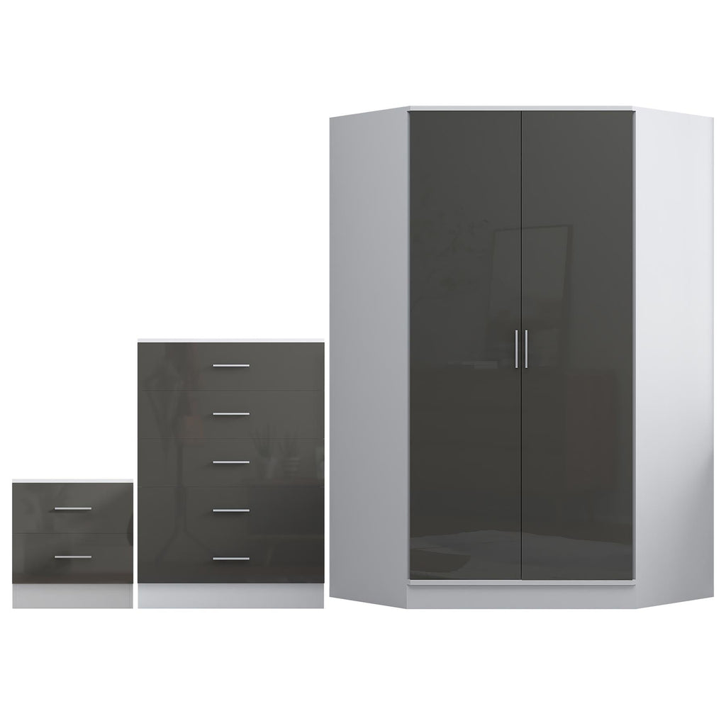 REFLECT Gloss 4pc Set - 2 Door Corner Wardrobe + 5 Draw Chest + Bedside