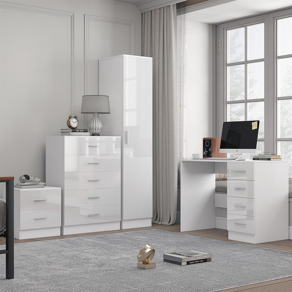 REFLECT Gloss 4pc Bedroom Set - 1 Door Wardrobe + 5 Draw Chest + Bedside + Desk