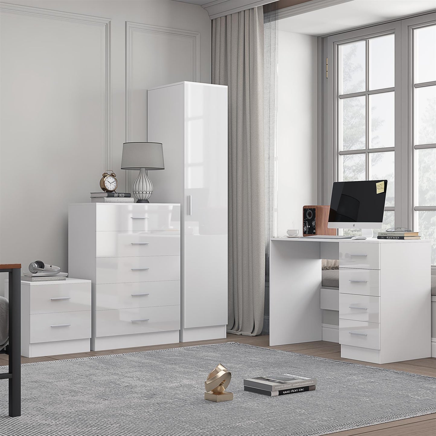 REFLECT Gloss 4pc Bedroom Set - 1 Door Wardrobe + 5 Draw Chest + Bedside + Desk