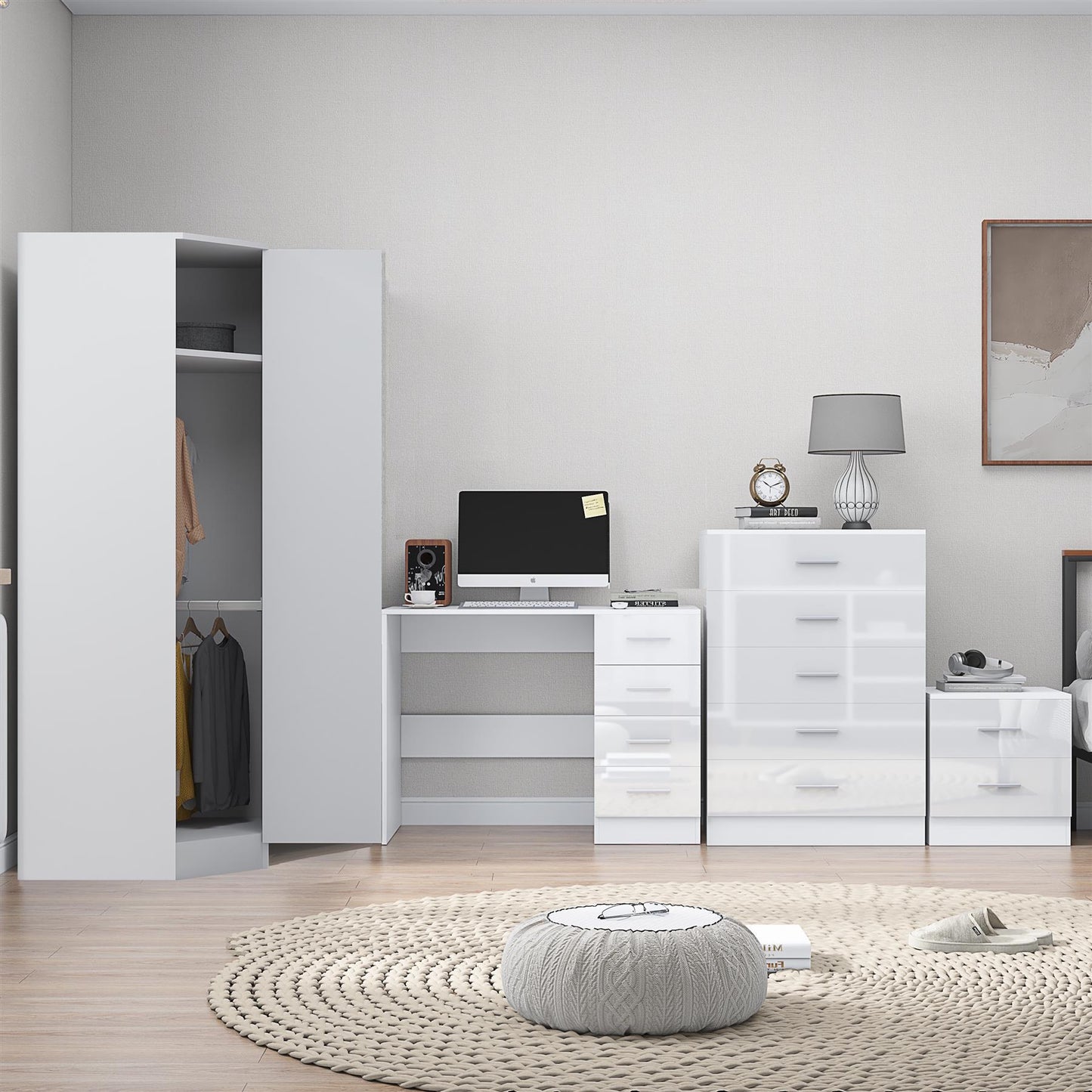 REFLECT - 1 Door Corner + 5 Drawer Chest + 2 Drawer Bedside + 4 Drawer Desk in Gloss White / Matt White