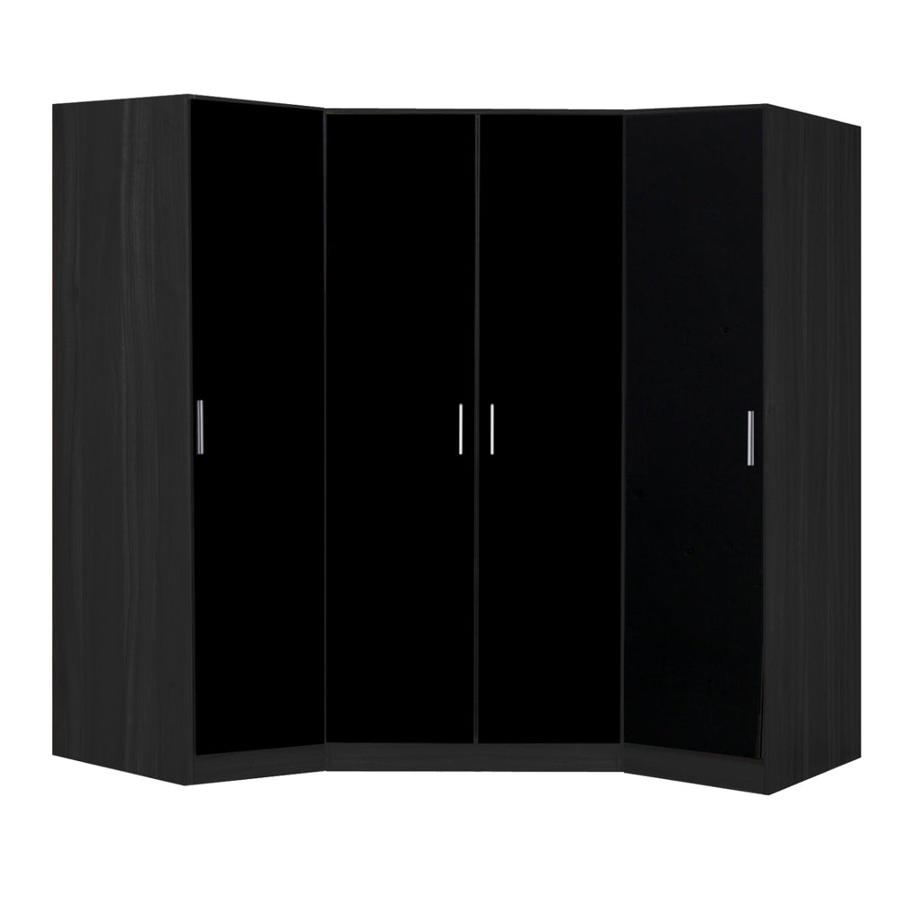 Reflect 3pc Wardrobe Bundle - 2 Door Corner + 2x 1 Door Plain - Black Gloss & Black Oak - H: 180cm x W: 179cm x D: 103cm