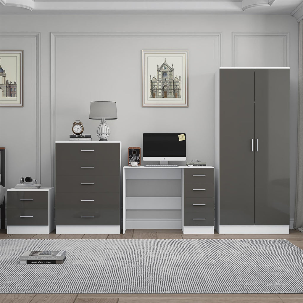 REFLECT Gloss 4pc Bedroom Set - 2 Door Wardrobe + 5 Draw Chest + Bedside + Desk