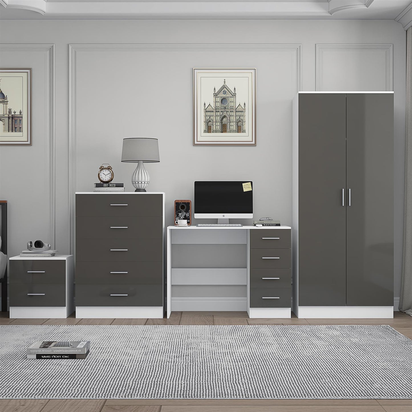 REFLECT Gloss 4pc Bedroom Set - 2 Door Wardrobe + 5 Draw Chest + Bedside + Desk