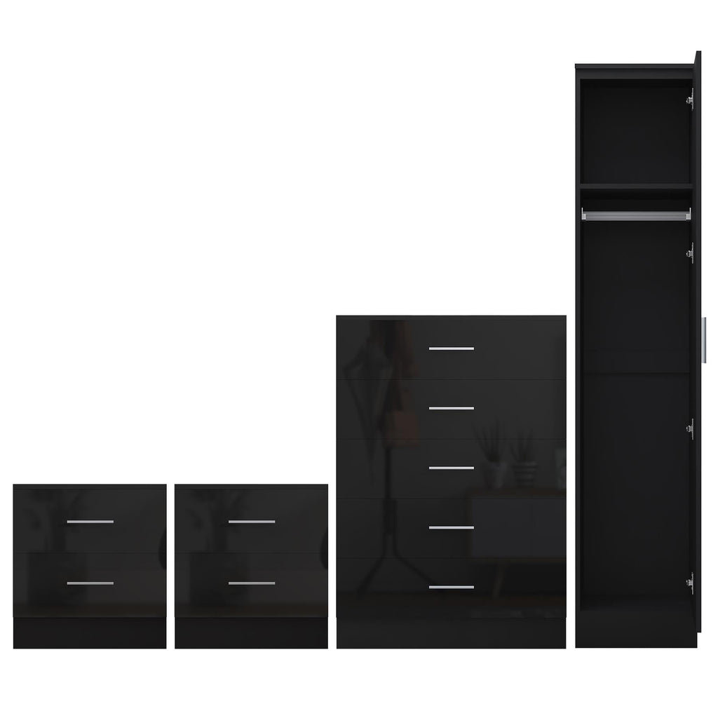 REFLECT Gloss 4pc Bedroom Set - 1 Door Wardrobe + 5 Draw Chest + 2 Bedsides