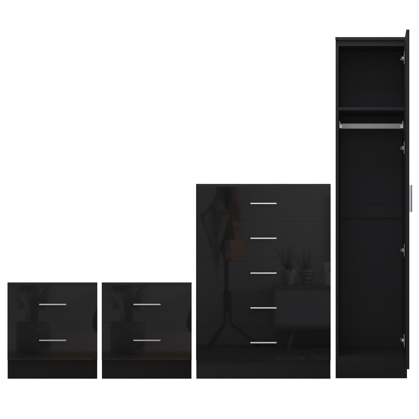 REFLECT Gloss 4pc Bedroom Set - 1 Door Wardrobe + 5 Draw Chest + 2 Bedsides