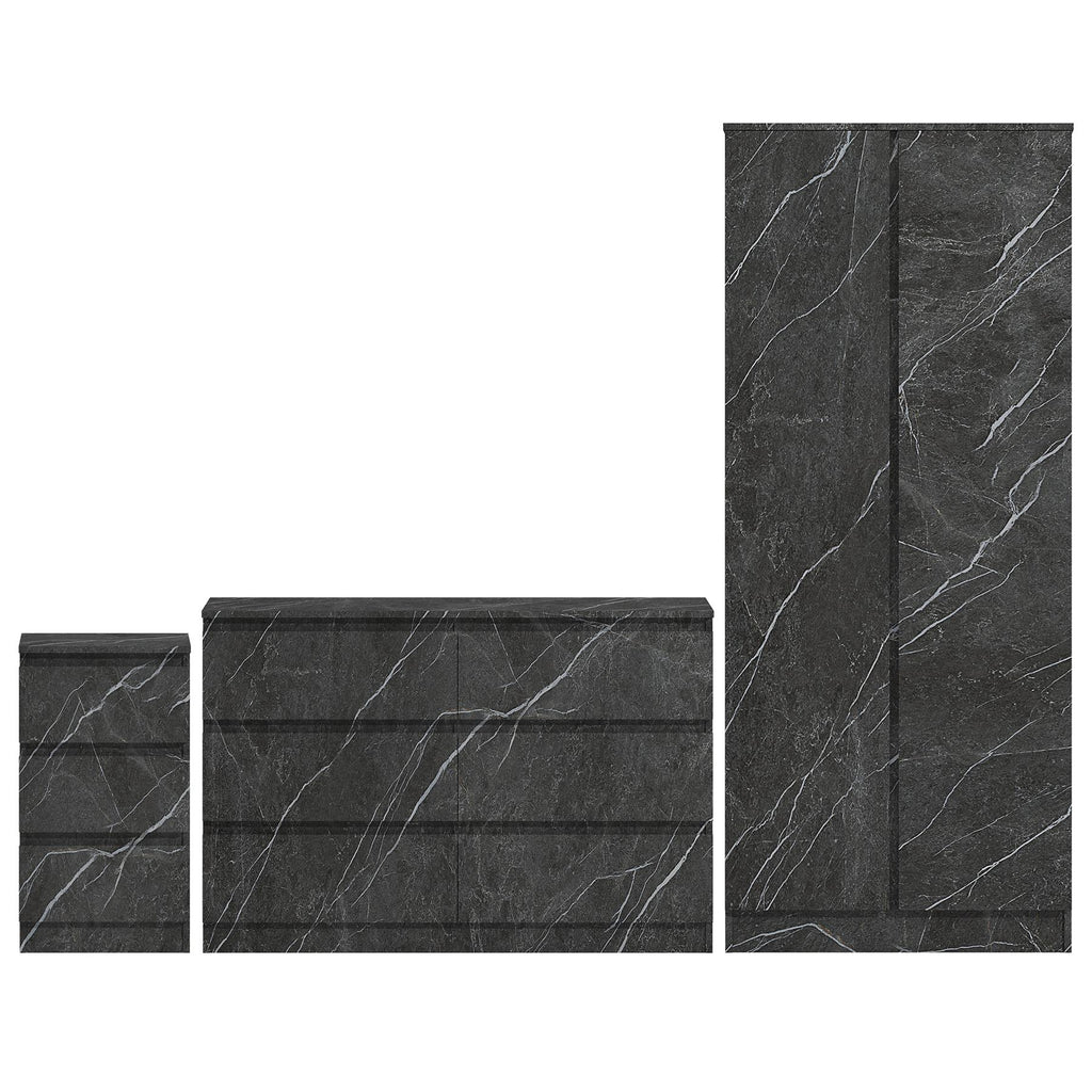 ZITA Grey Marble Effect 3 Piece Bedroom Set - 2 Door Wardrobe, 6 Drawer Chest & 3 Drawer Bedside, Stylish Bedroom Storage