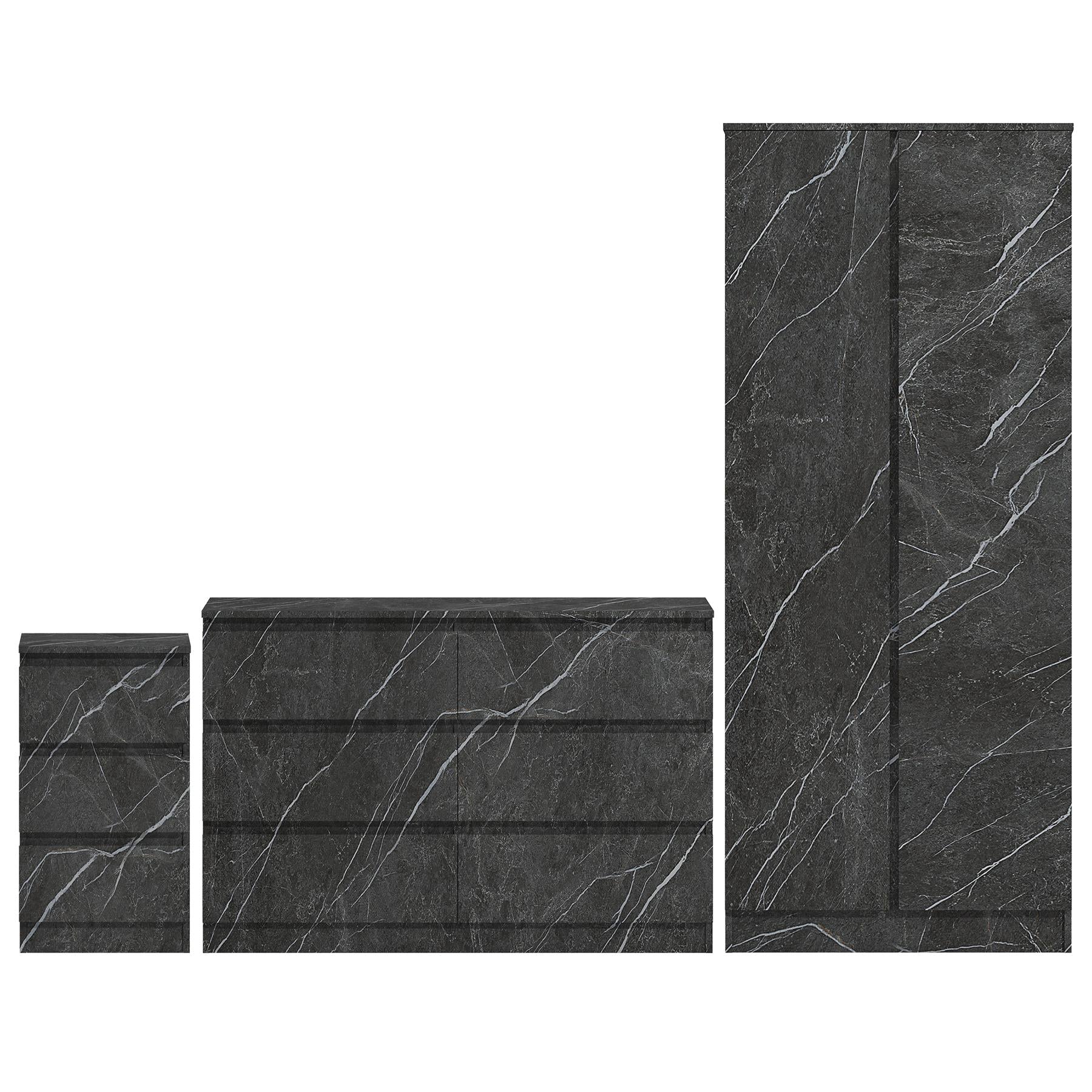 ZITA Grey Marble Effect 3 Piece Bedroom Set - 2 Door Wardrobe, 6 Drawer Chest & 3 Drawer Bedside, Stylish Bedroom Storage