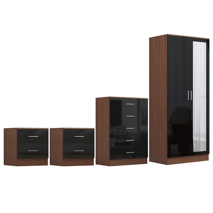 REFLECT Gloss 4pc Set - 2 Door Mirrored Wardrobe + 5 Draw Chest + 2 Bedsides