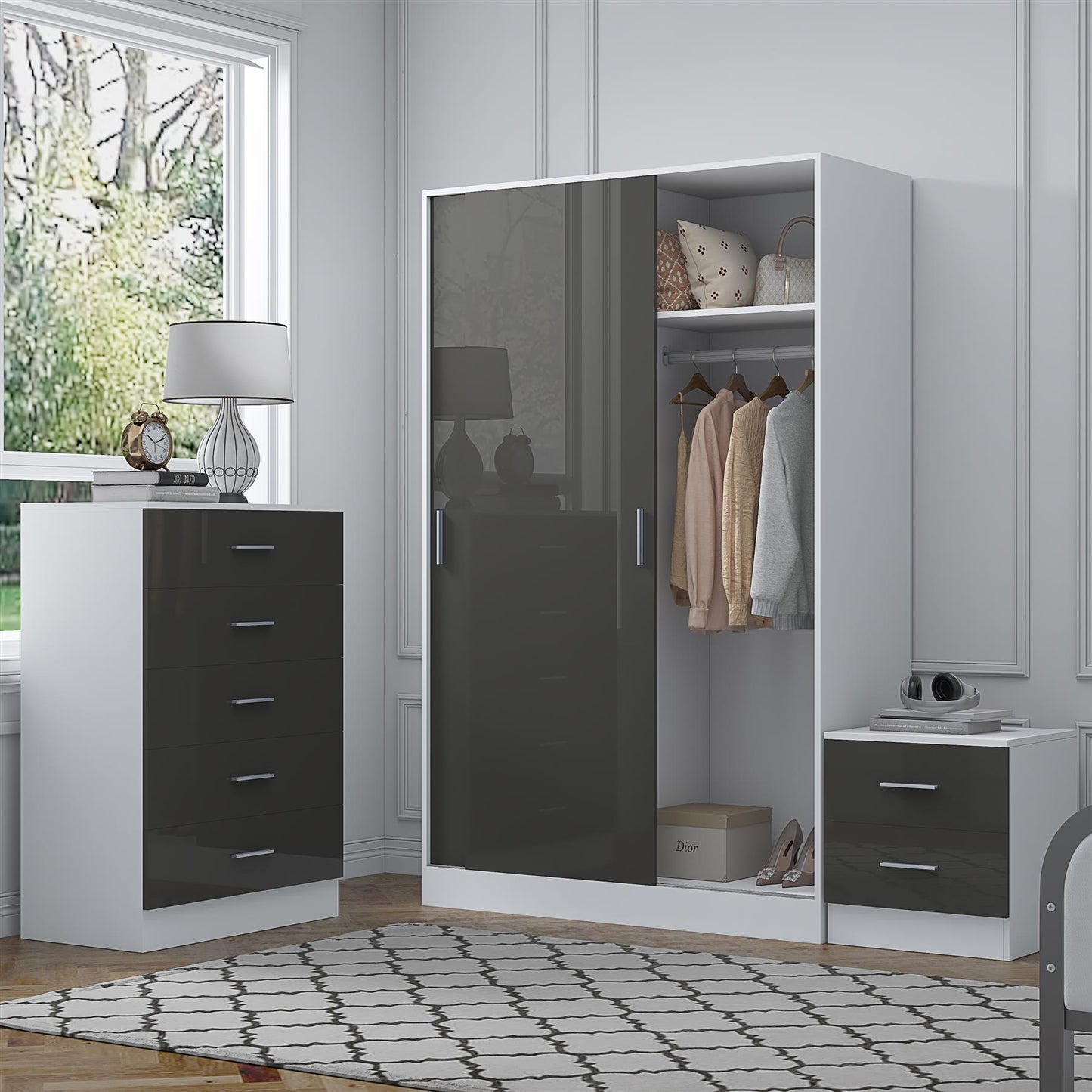 REFLECT Gloss 3pc Set - 2 Door Sliding Wardrobe + 5 Draw Chest + Bedside