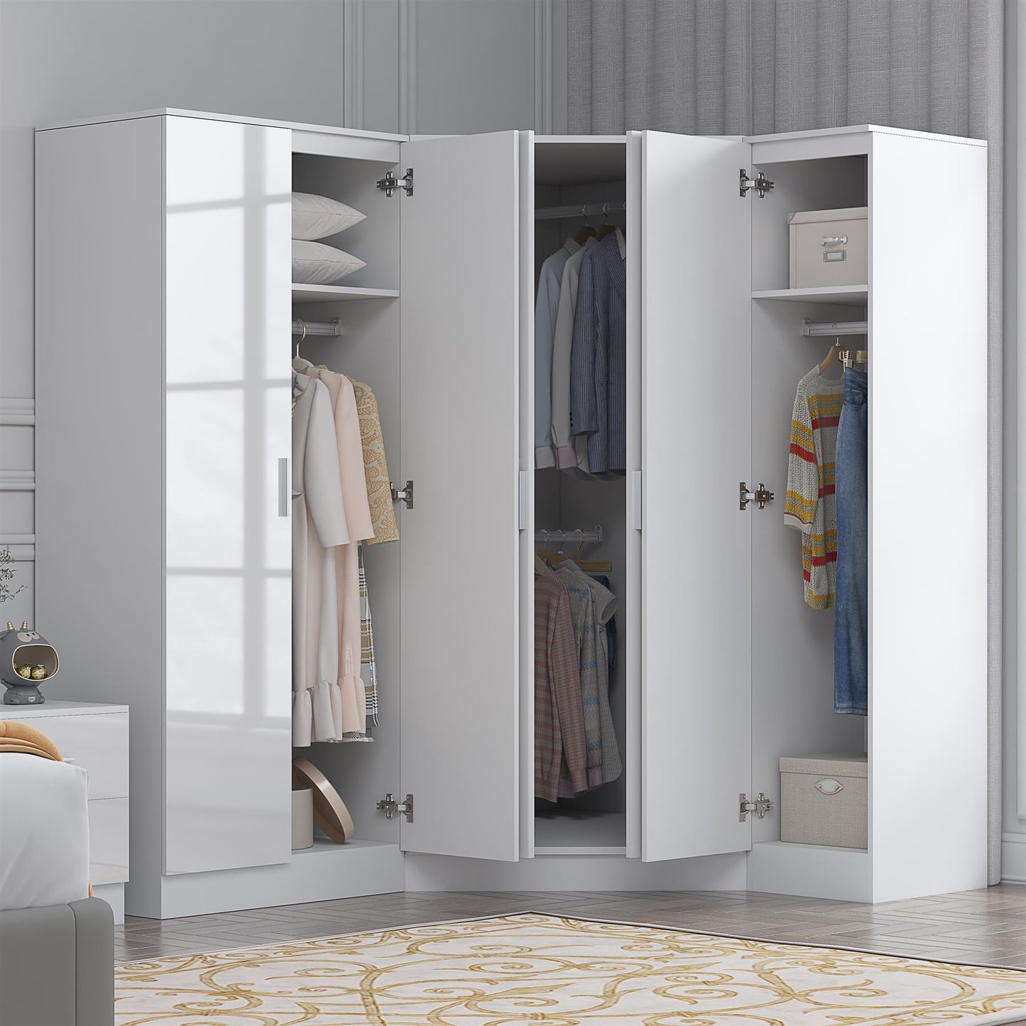 Reflect 3pc Wardrobe Bundle - 2 Door Corner + 2 Door Plain + 1 Door Plain - White Gloss & Matt White