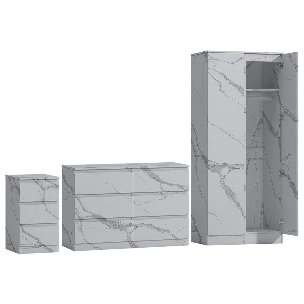 ZITA White Marble Effect 3 Piece Bedroom Set - 2 Door Wardrobe, 6 Drawer Chest & 3 Drawer Bedside, Stylish Bedroom Storage
