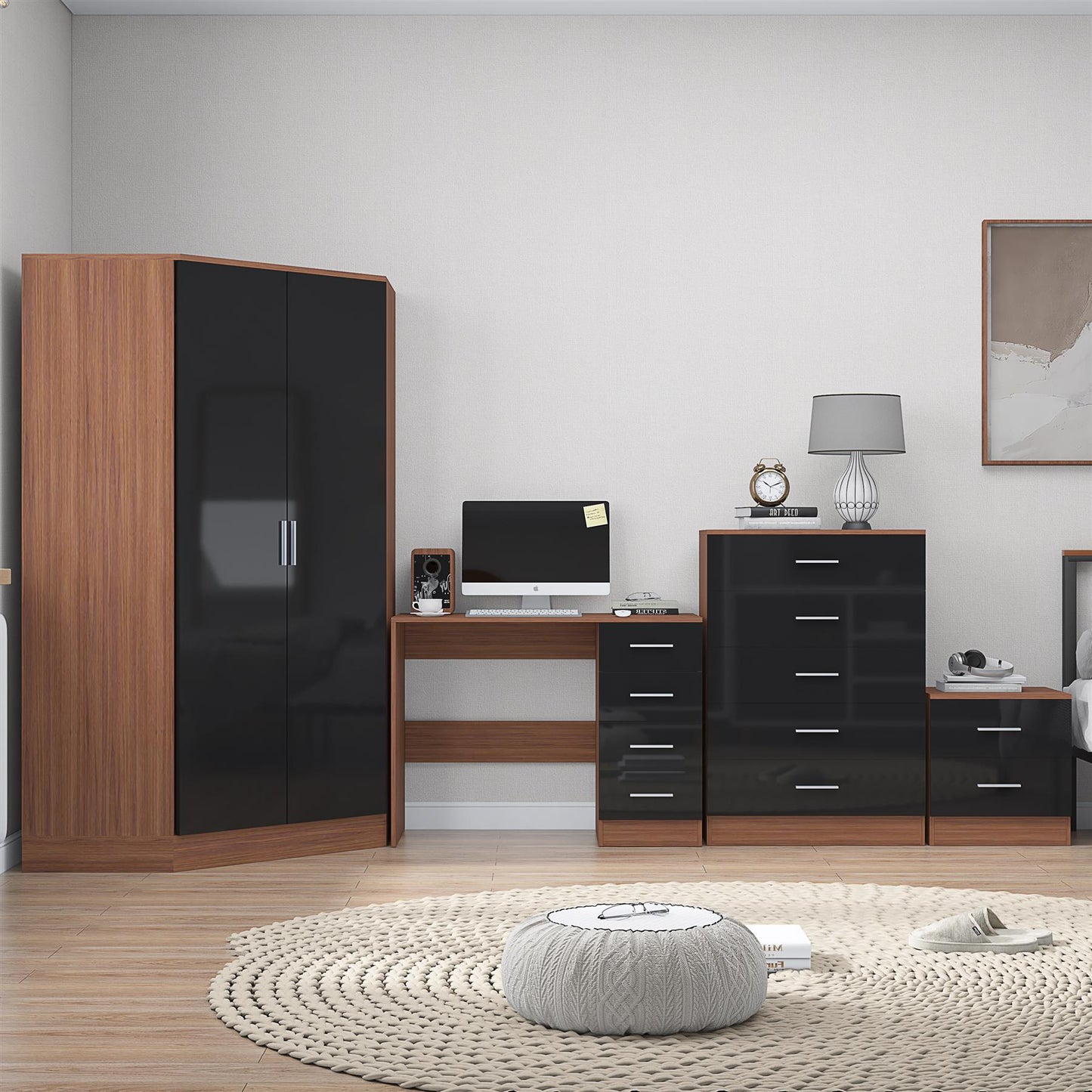 REFLECT Gloss 4pc Set - 2 Door Corner Wardrobe + 5 Draw Chest + Bedside + Desk