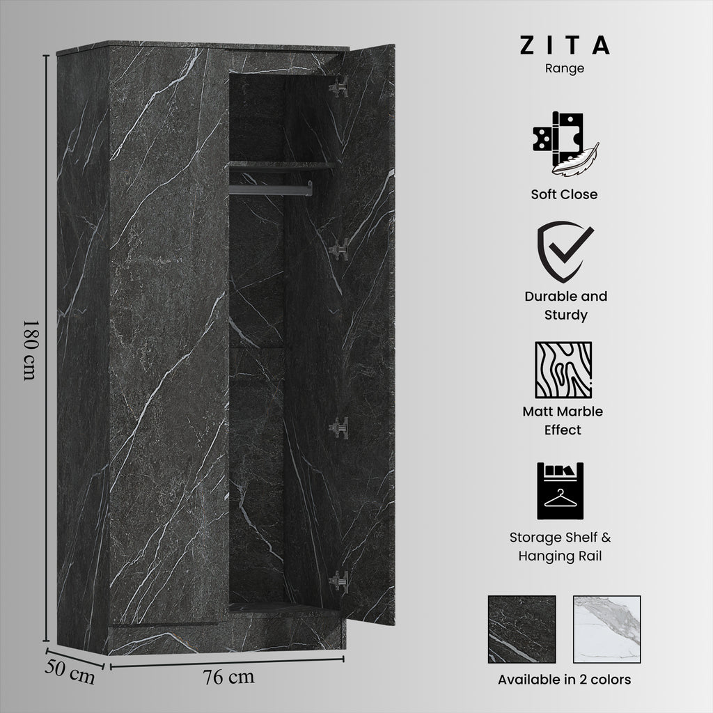 ZITA Grey Marble Effect 3 Piece Bedroom Set - 2 Door Wardrobe, 6 Drawer Chest & 3 Drawer Bedside, Stylish Bedroom Storage