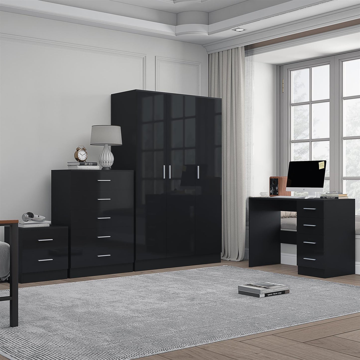 REFLECT Gloss 4pc Bedroom Set - 3 Door Wardrobe + Tall Chest + Bedside + Desk