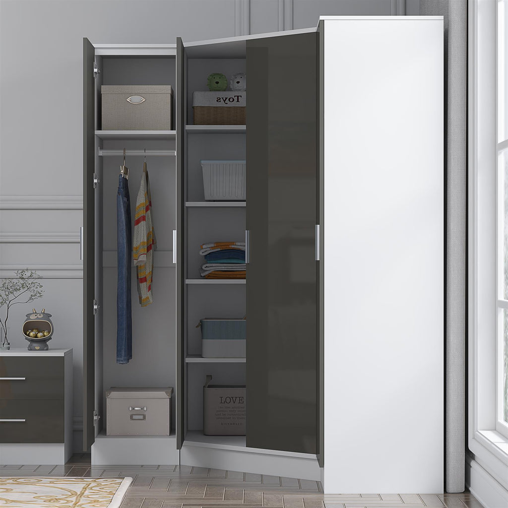 Reflect 3pc Wardrobe Bundle - 2 Door Corner + 2x 1 Door Plain - Grey Gloss & Matt White