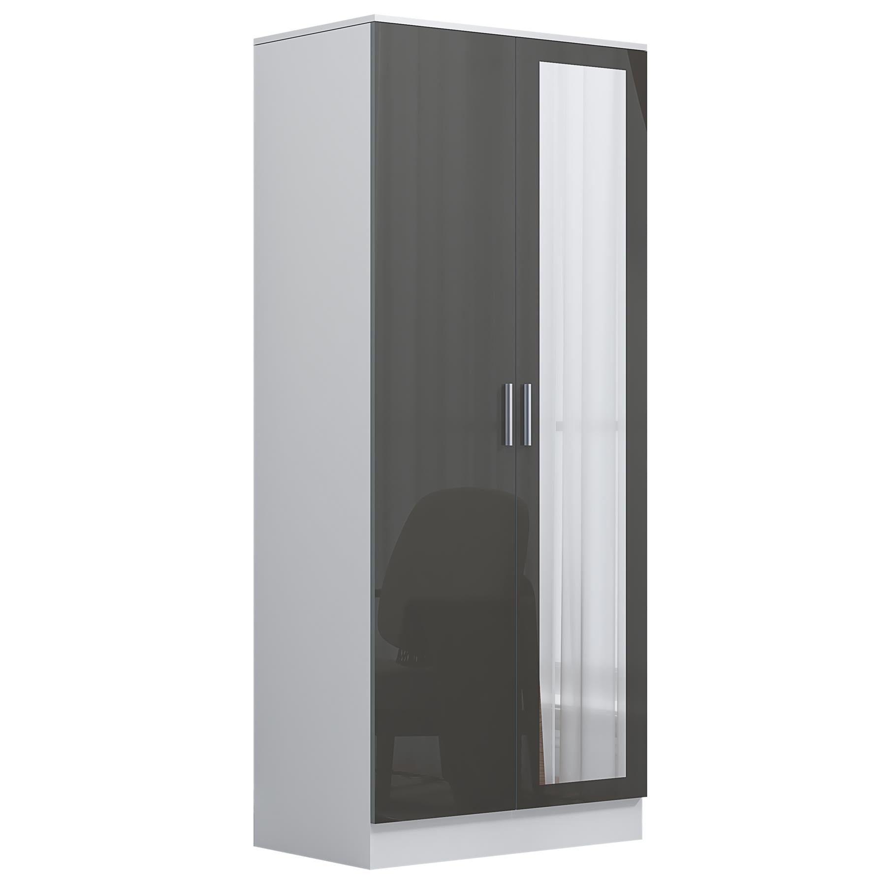 Reflect 2 Door Mirrored Wardrobe - Grey Gloss & Matt White - Hanging Rails & Shelves - H: 180cm x W: 76cm - Modern Sleek Design