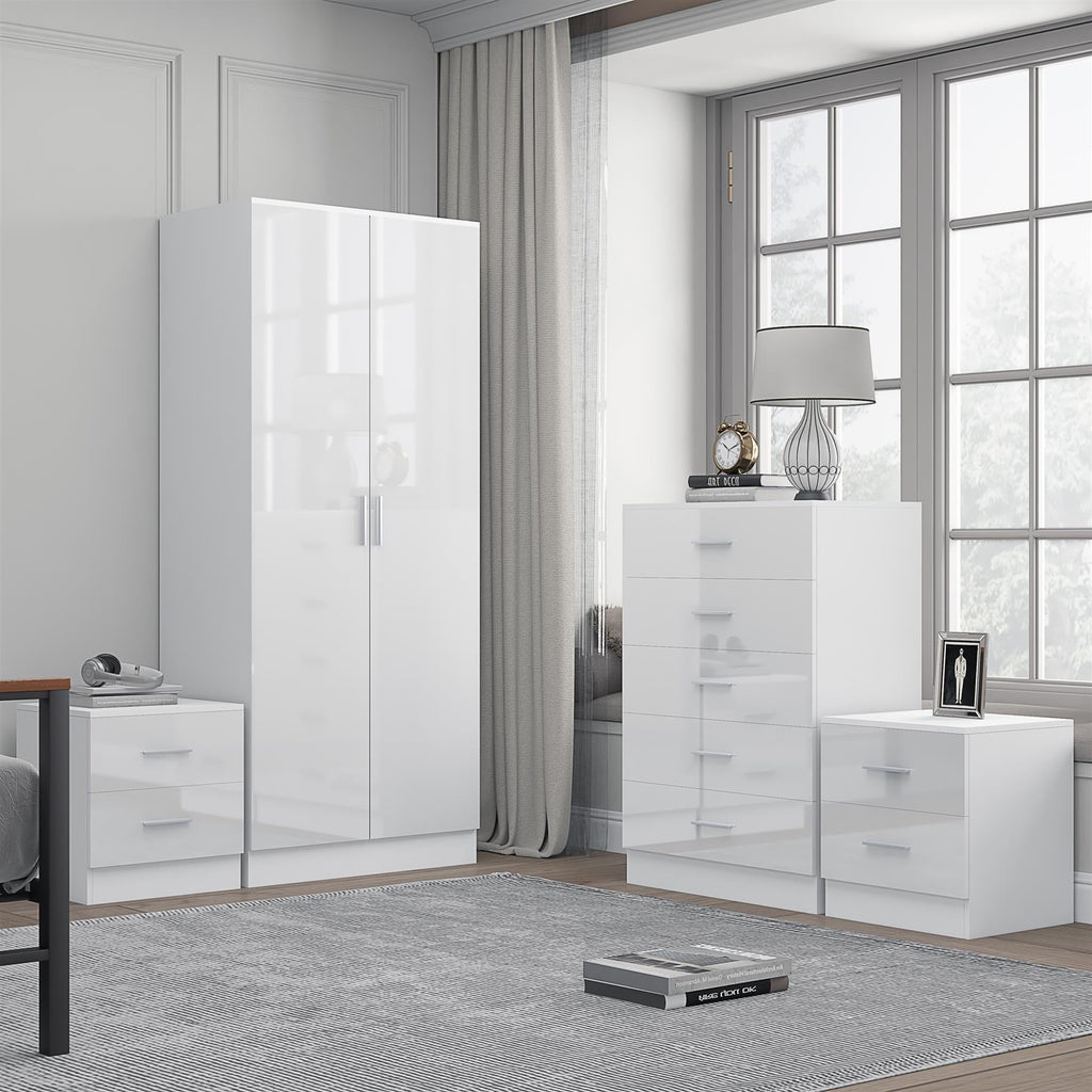 REFLECT Gloss 4pc Bedroom Set - 2 Door Wardrobe + 5 Draw Chest + 2 Bedsides