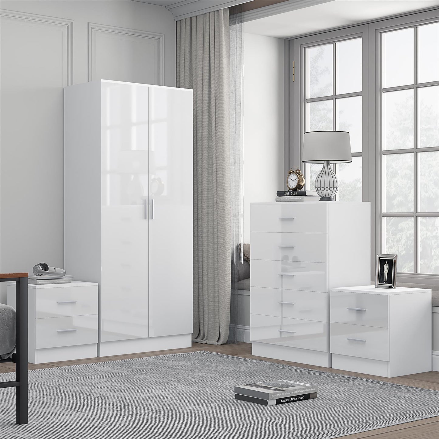 REFLECT Gloss 4pc Bedroom Set - 2 Door Wardrobe + 5 Draw Chest + 2 Bedsides