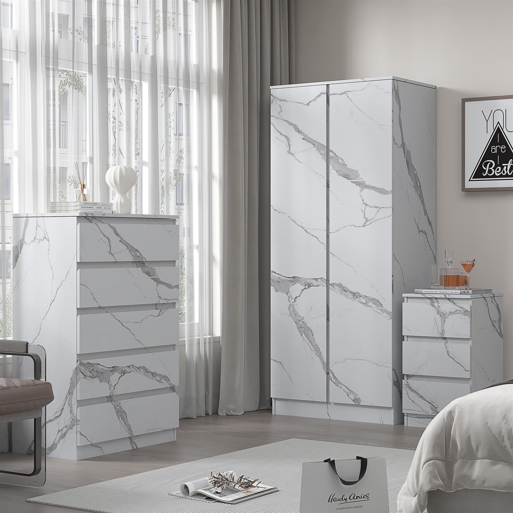 ZITA White Marble Effect 3 Piece Set - 2 Door Wardrobe, 5 Drawer Chest & 3 Drawer Bedside, Stylish Bedroom Storage