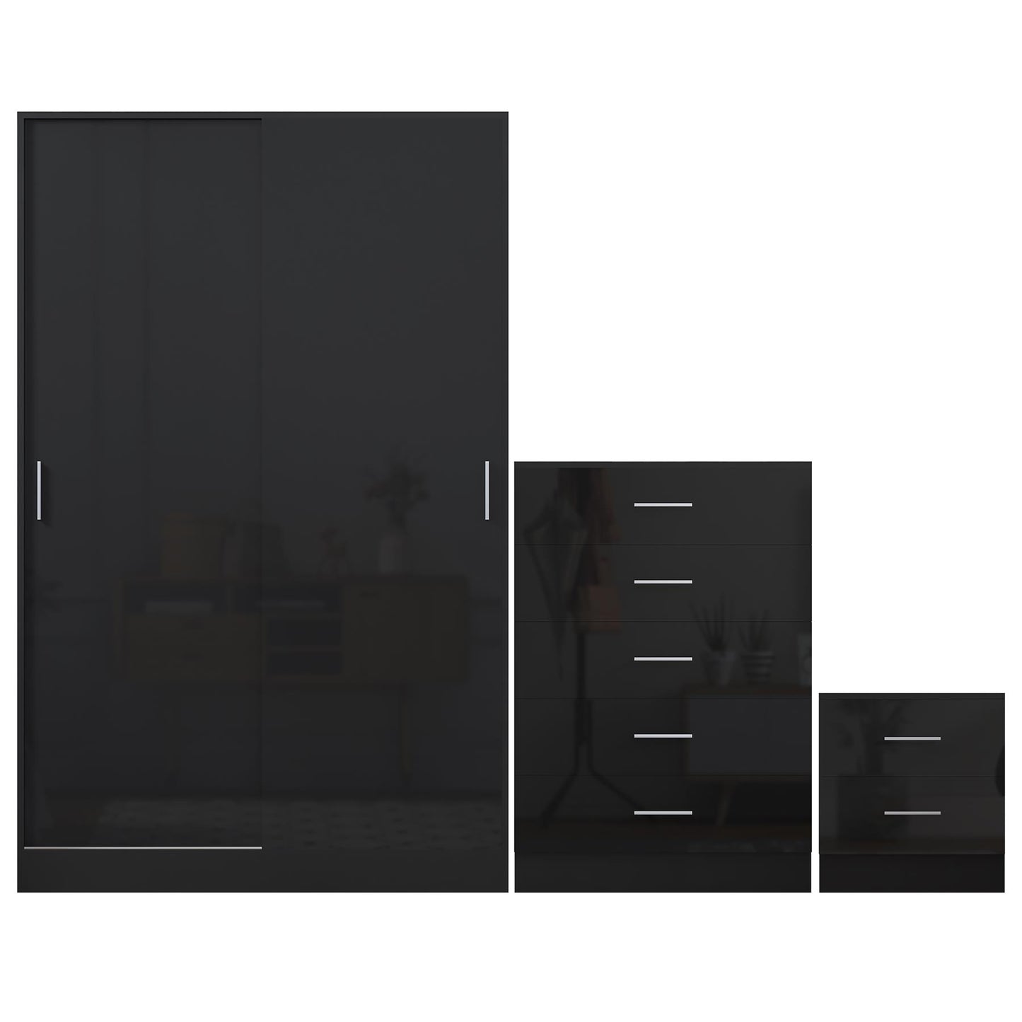 Reflect 2 Door Sliding Wardrobe, 5 Drawer Chest, 2 Drawer Bedside - Black Gloss & Black Oak - Modern Bedroom Furniture Set