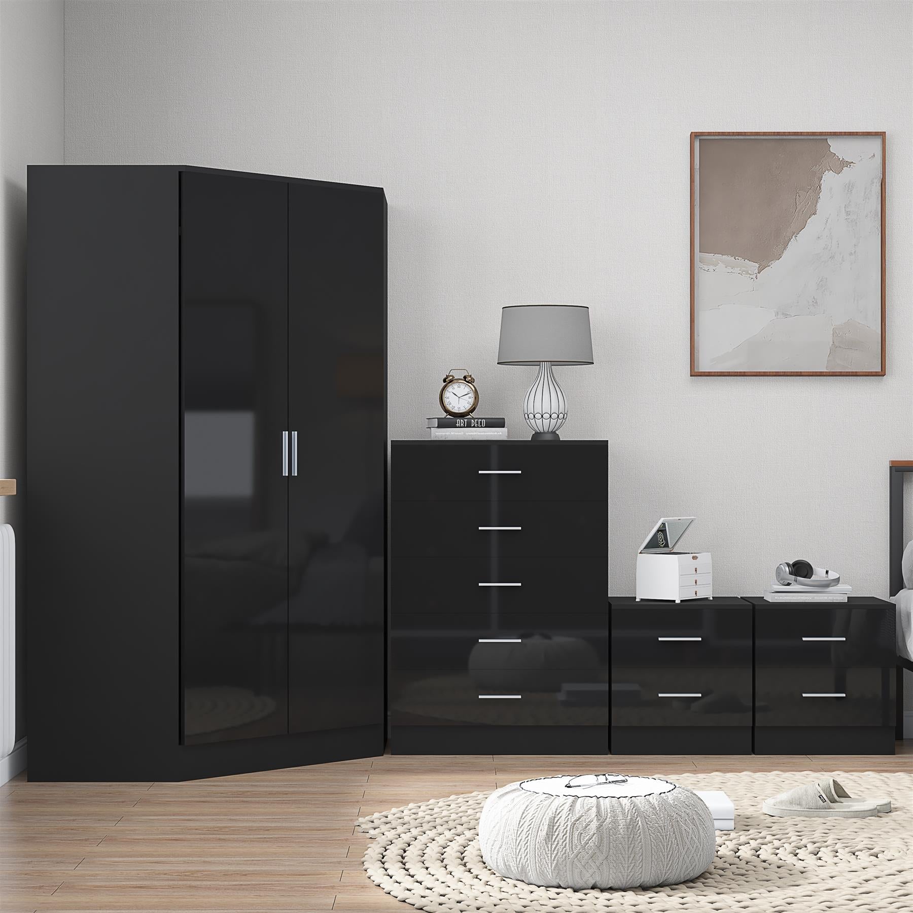 Reflect 2 Door Corner Wardrobe, 5 Drawer Chest, 2x 2 Drawer Bedsides - Black Gloss & Black Oak - Bedroom Furniture Set