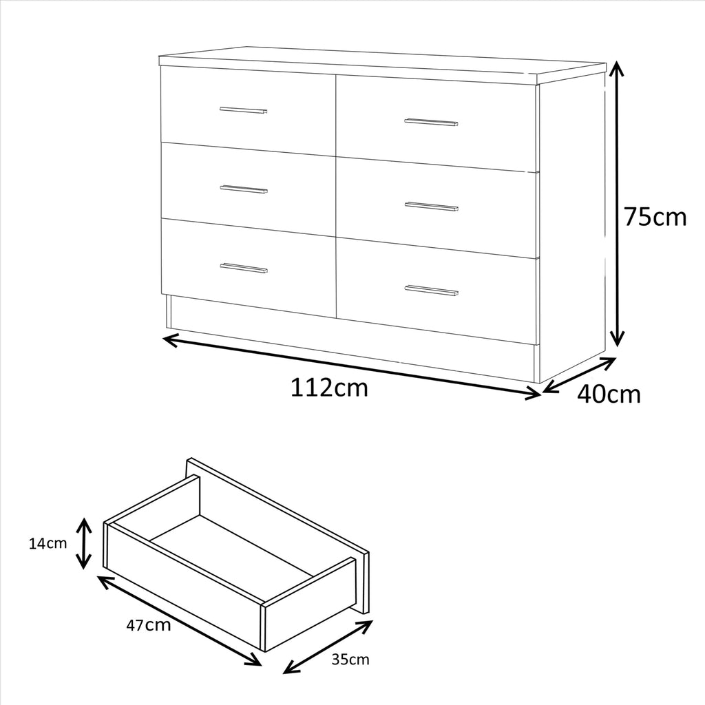 Reflect 2 Door Sliding Wardrobe, 6 Drawer Wide Chest, 3 Drawer Bedside - Grey Gloss & Matt White - Modern Bedroom Furniture Set