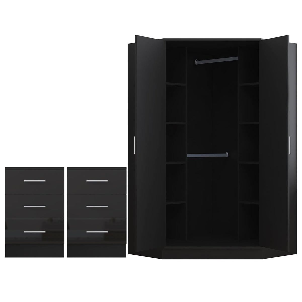 Reflect 3pc Wardrobe Bundle - 2 Door Corner + 2x 3 Drawer Bedsides - Black Gloss & Black Oak