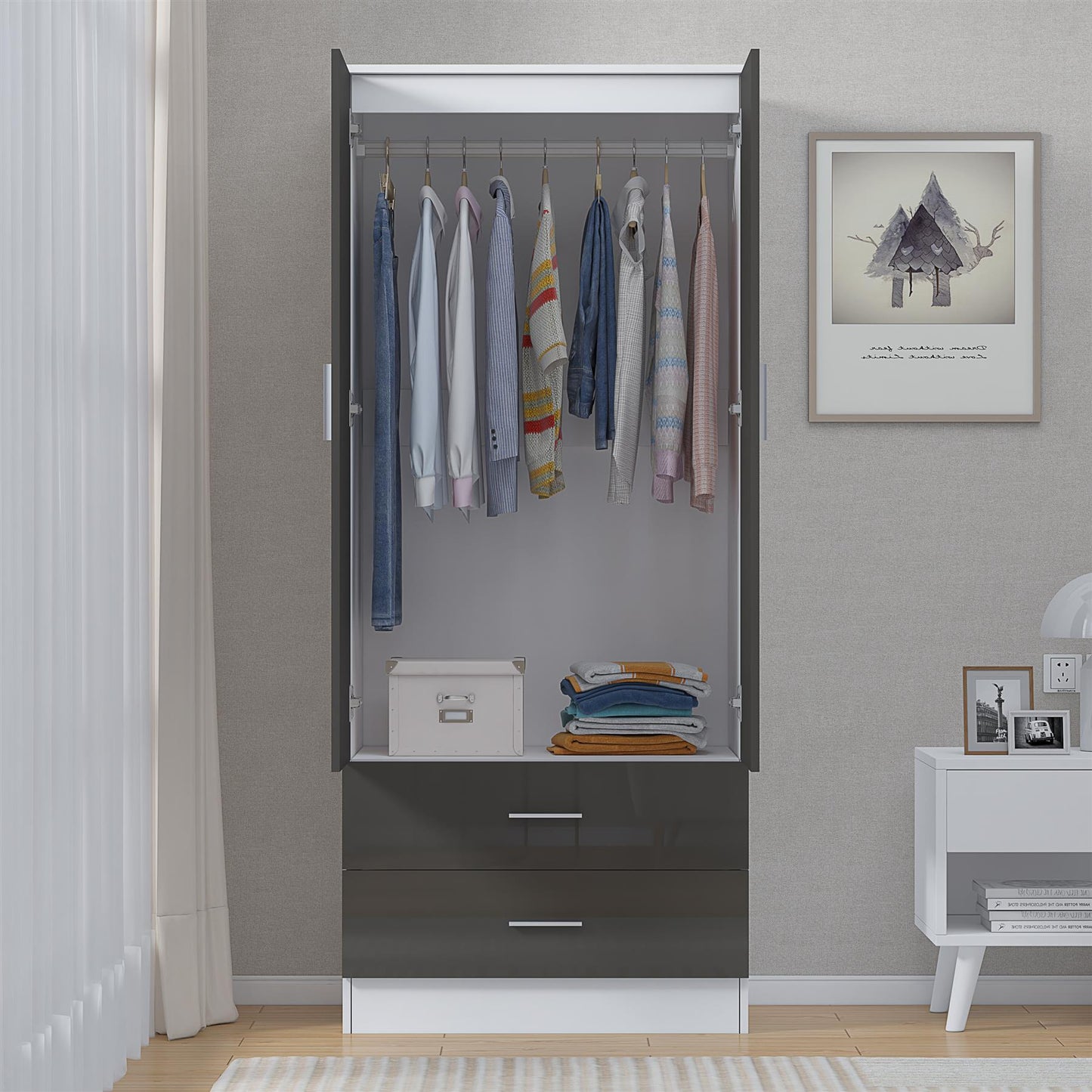 Reflect 2 Door 2 Drawer Combi Plain Wardrobe - Grey Gloss & Matt White - Hanging Rails, Drawers & Shelf