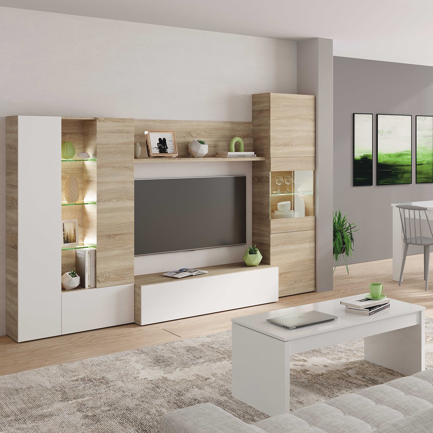 Modern Oak & White TV Unit with Glass Details and LED Lights- Media Storage for Living Rooms
