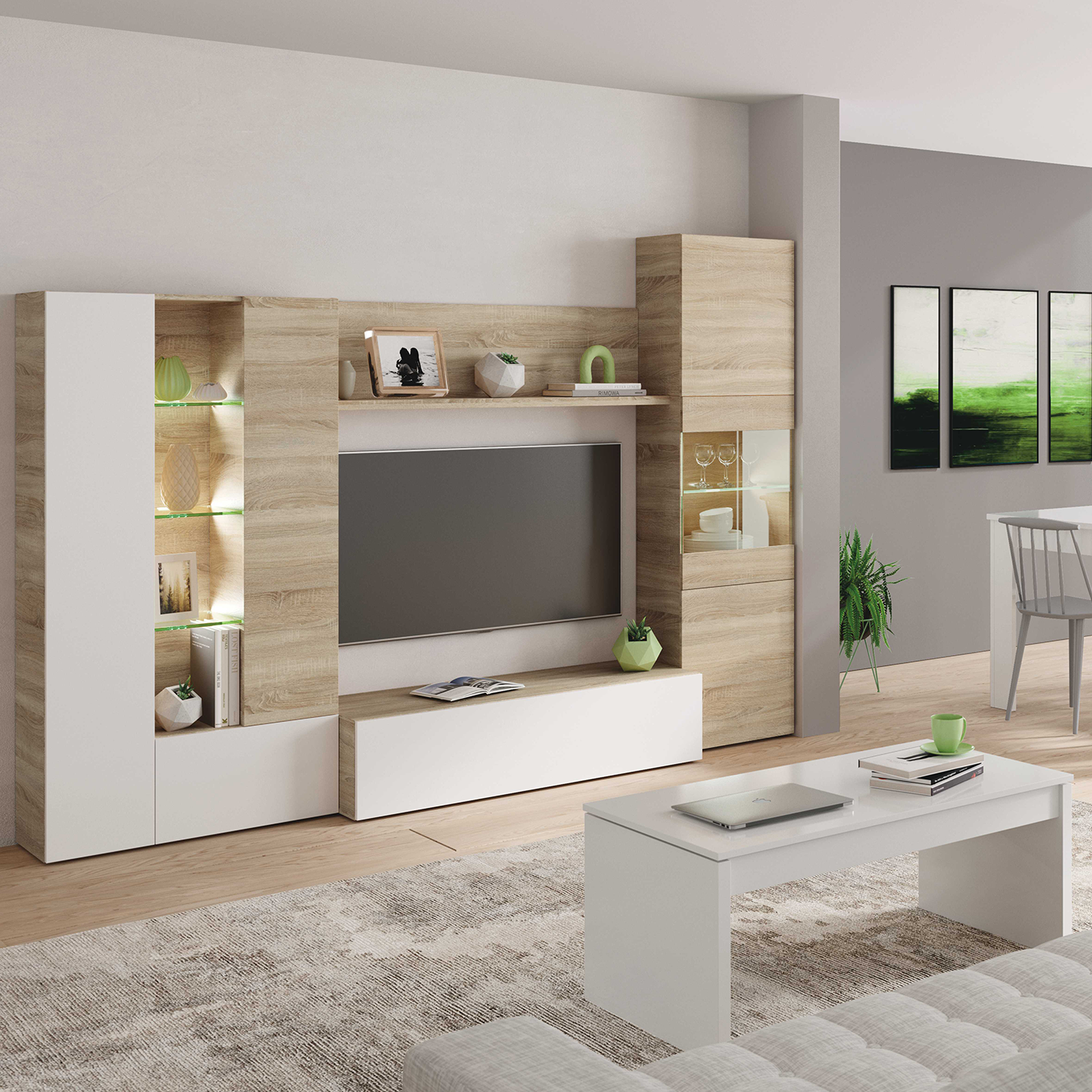 Modern Oak & White TV Unit with Glass Details and LED Lights- Media Storage for Living Rooms