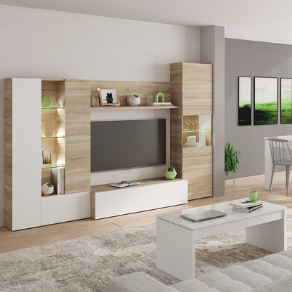 Modern Oak & White TV Unit with Glass Details and LED Lights- Media Storage for Living Rooms
