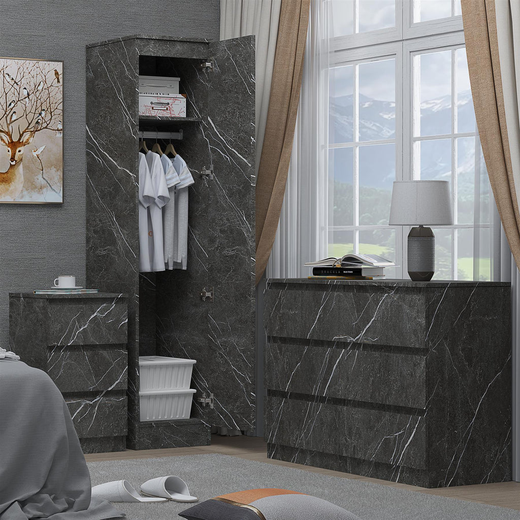 ZITA Grey Marble Effect 3 Piece Bedroom Set - 1-Door Wardrobe, Wide Chest & Bedside Table, Stylish Modern Bedroom Furniture