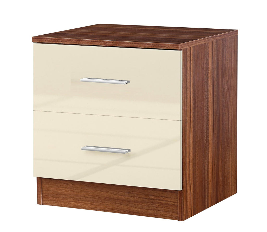 Reflect 2 Drawer Bedside - Cream Gloss & Walnut - Modern Nightstand for Bedroom Storage - H: 48.5cm x W: 45cm x D: 39.5cm
