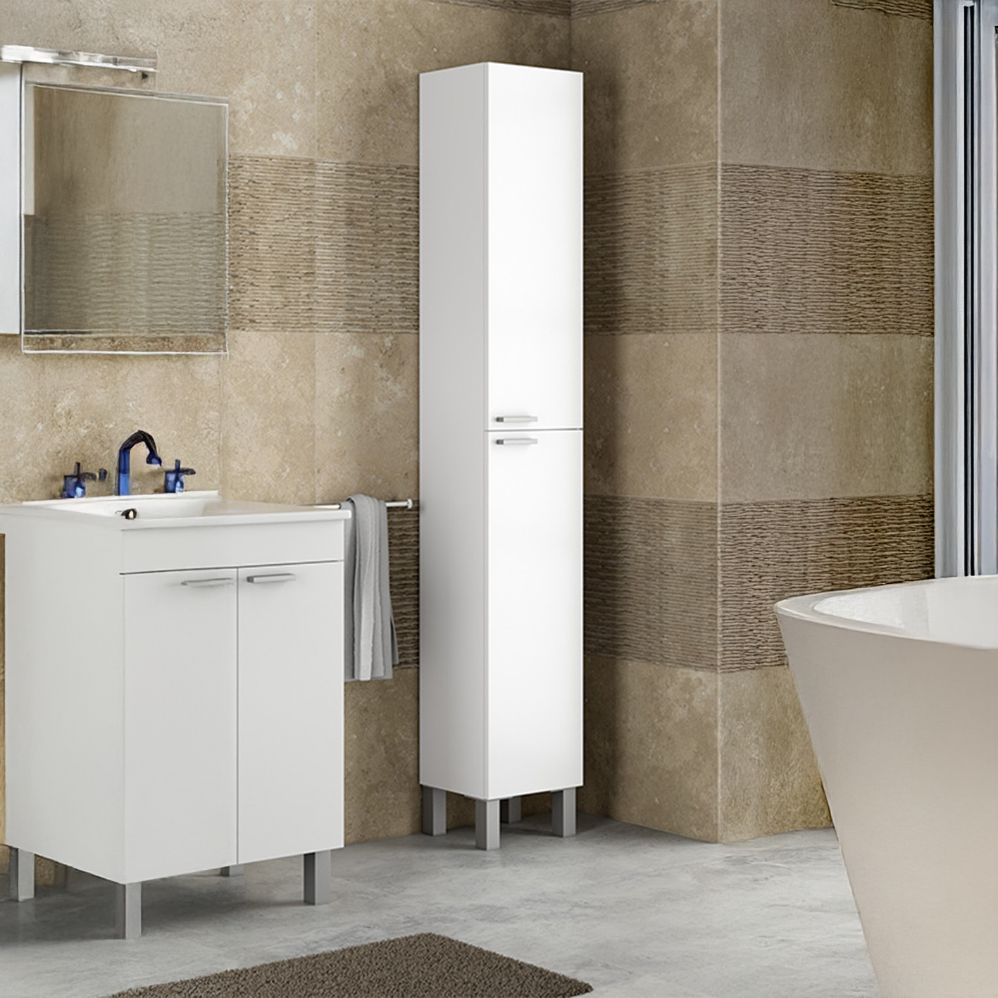 Baltic White Tall 2 Door Bathroom Storage Cabinet - Organiser for Toiletries & Towels
