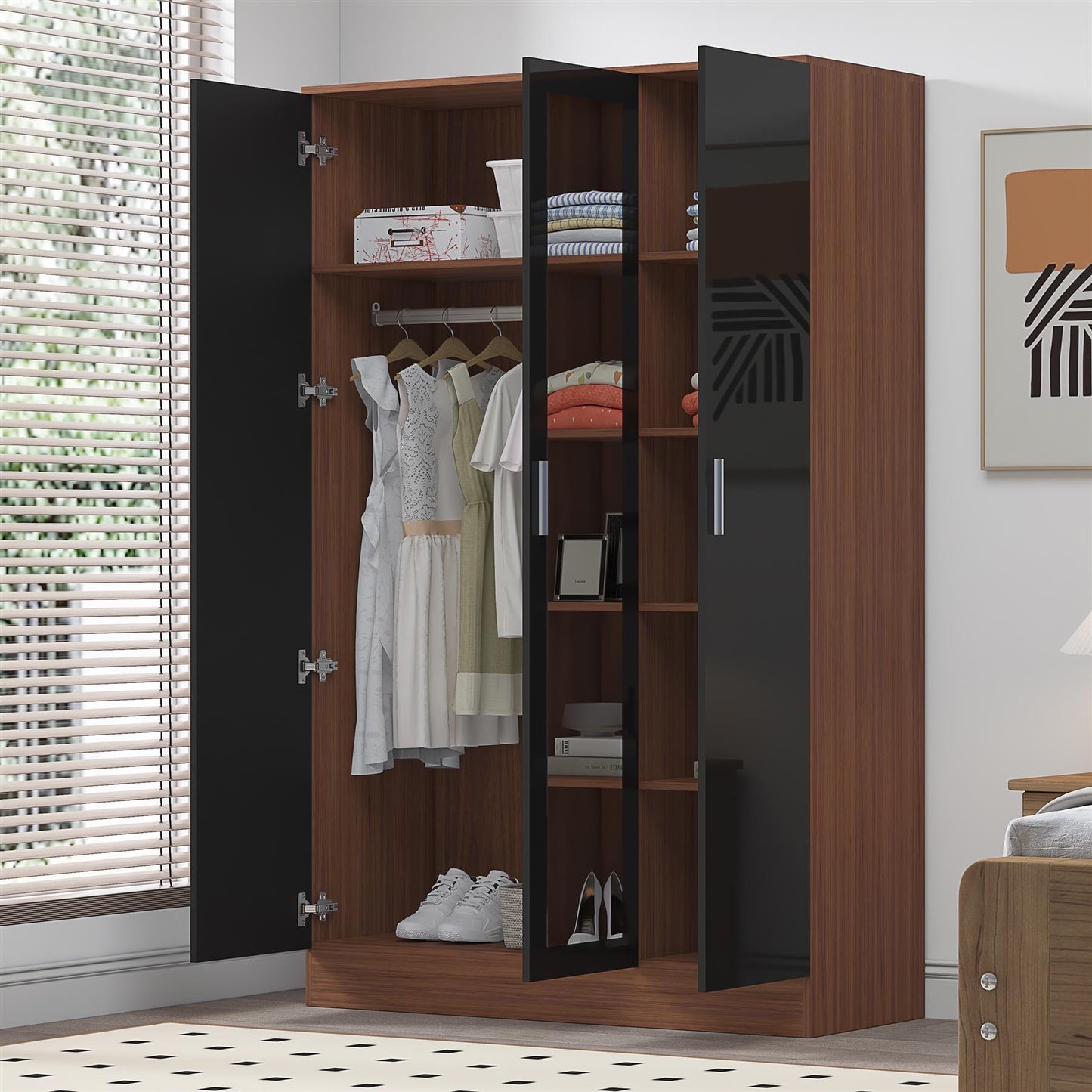 Reflect 3 Door Mirror Wardrobe - Black Gloss & Walnut - Hanging Rail & 4 Shelves - Modern Design