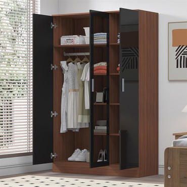 Reflect 3 Door Mirror Wardrobe - Black Gloss & Walnut - Hanging Rail & 4 Shelves - Modern Design