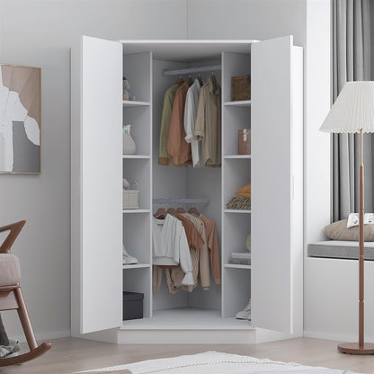 Reflect 2 Door Corner Wardrobe - White Gloss & Matt White - 2 Hanging Rails & 8 Shelves - Modern Design