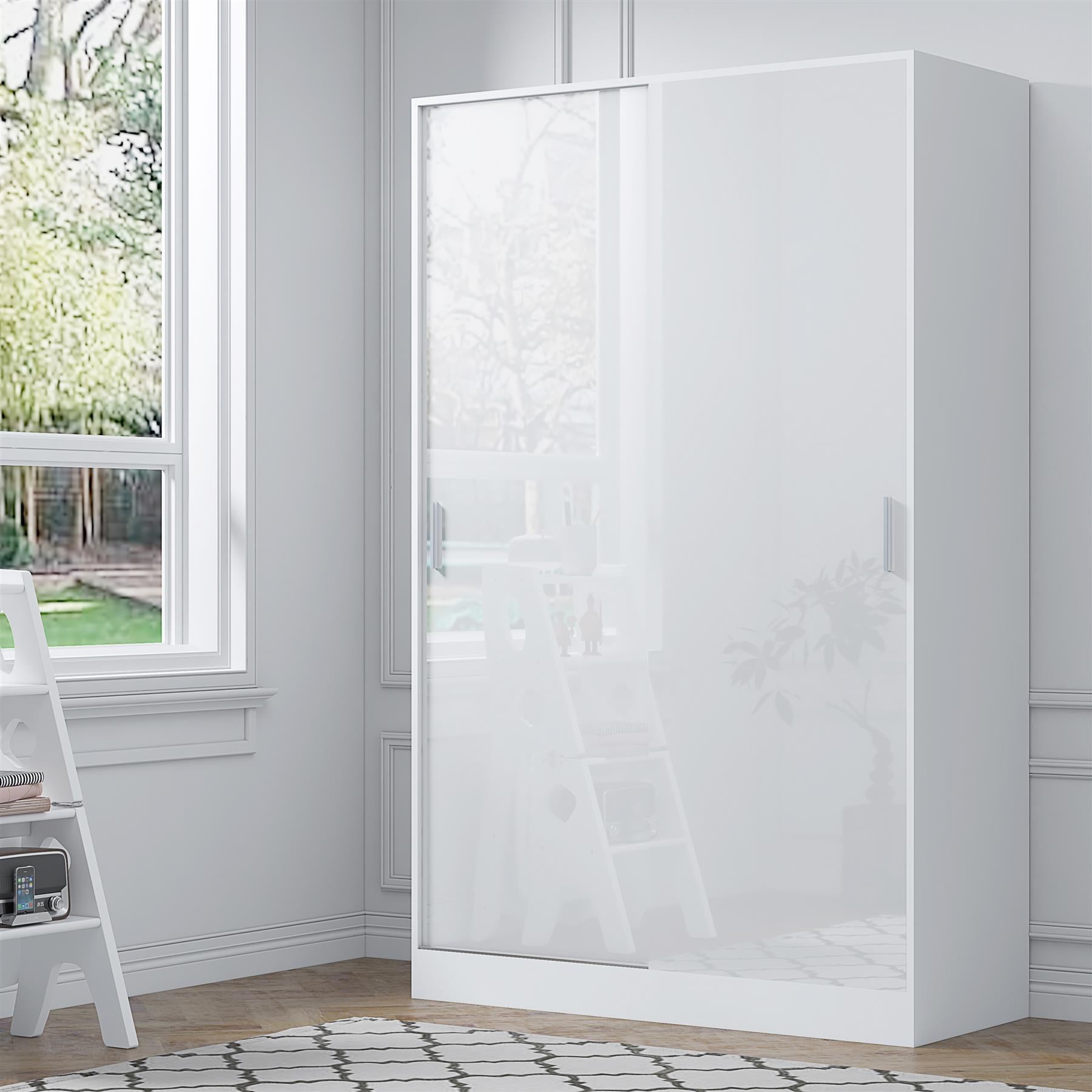 Reflect 2 Door Sliding Wardrobe - White Gloss & Matt White - Hanging Rails & Shelves - Modern Design