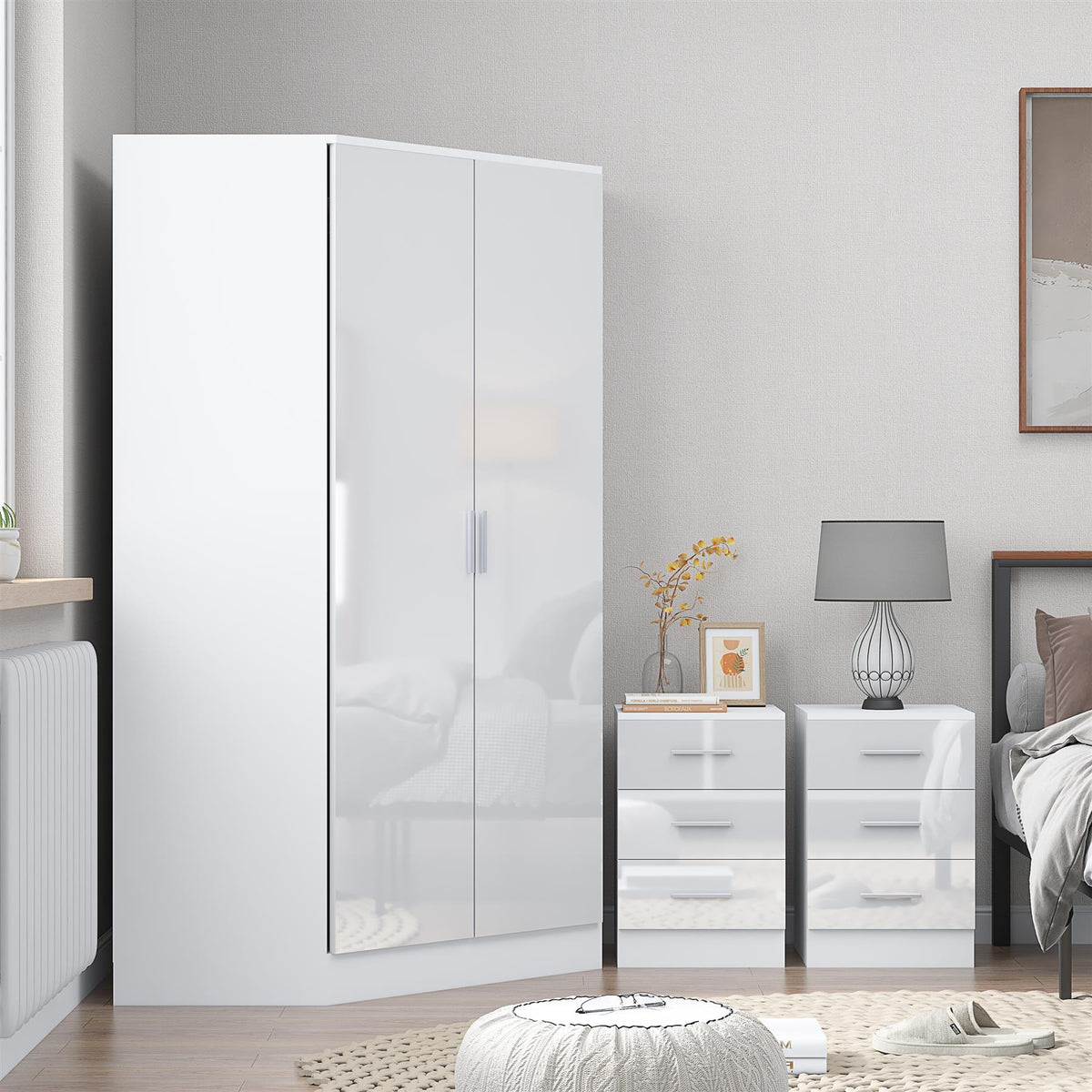 Reflect 3pc Wardrobe Bundle - 2 Door Corner + 2x 3 Drawer Bedsides - White Gloss & Matt White