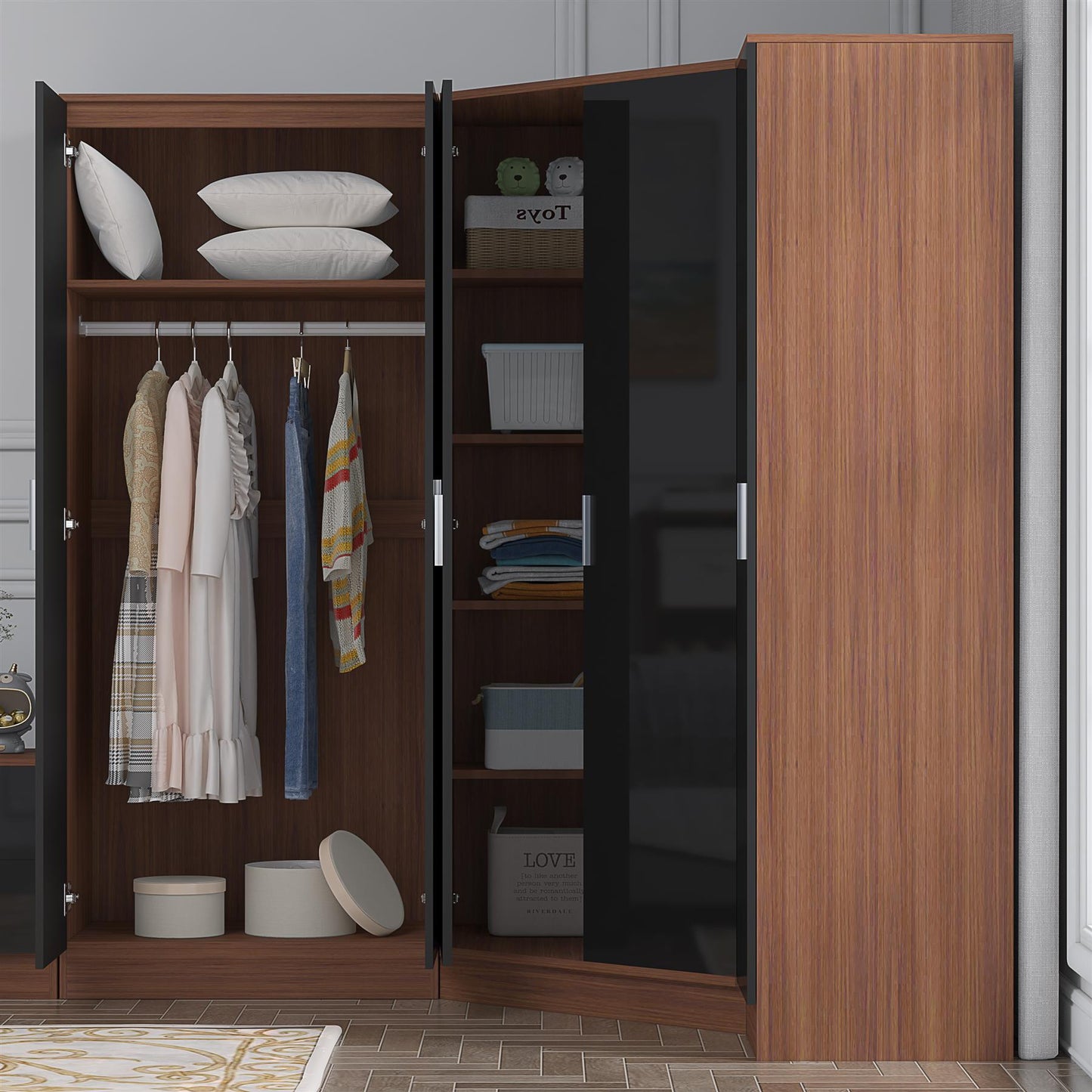 Reflect 3pc Wardrobe Bundle - 2 Door Corner + 2 Door Mirror + 1 Door Plain - Black Gloss & Walnut